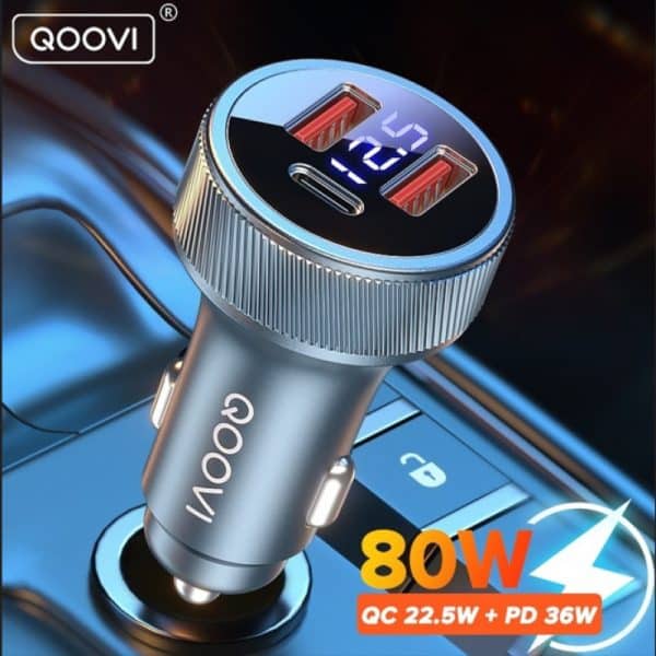 QOOVI 80W PD + Dual QC Fast Charging Car Charger Silver