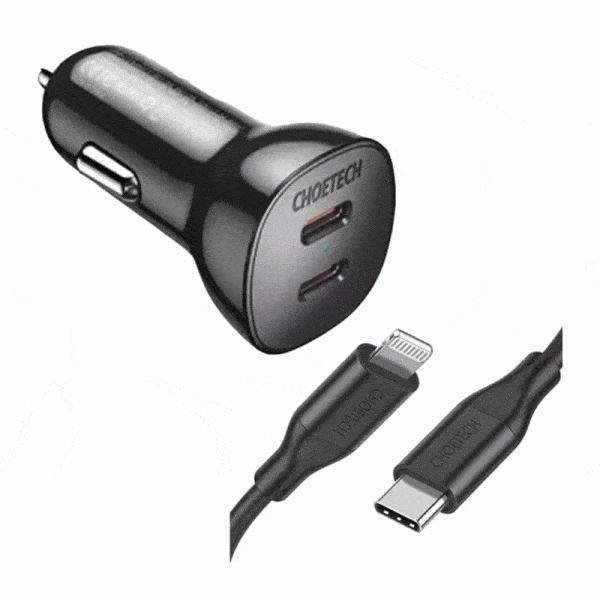 Choetech Dual USB-C Ports PD 40W Fast Car Charger – Black with Type C To Lightning Cable (1.2M/4ft)