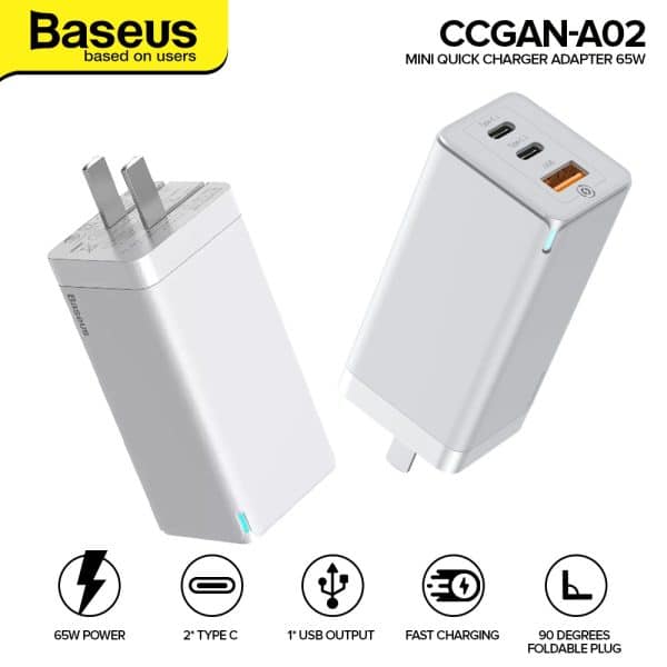 Baseus GaN Charger 65W Fast Charger with 100w PD C to C Cable Free (Without Box Lot Item) GaNFast USB QC3.0 PD2.0 Travel Charger Type-C Portable Charger Adapter For Notebook Tablet iPhone Samsung 100-240V