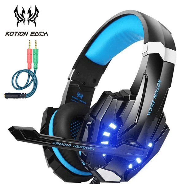 Kotion Each G9000 Stereo Gaming Headset for PS4, PC, Xbox One Controller, Noise Cancelling Over Ear Headphones with Mic, LED Light, Bass Surround, Soft Memory Earmuffs for Laptop - Blue